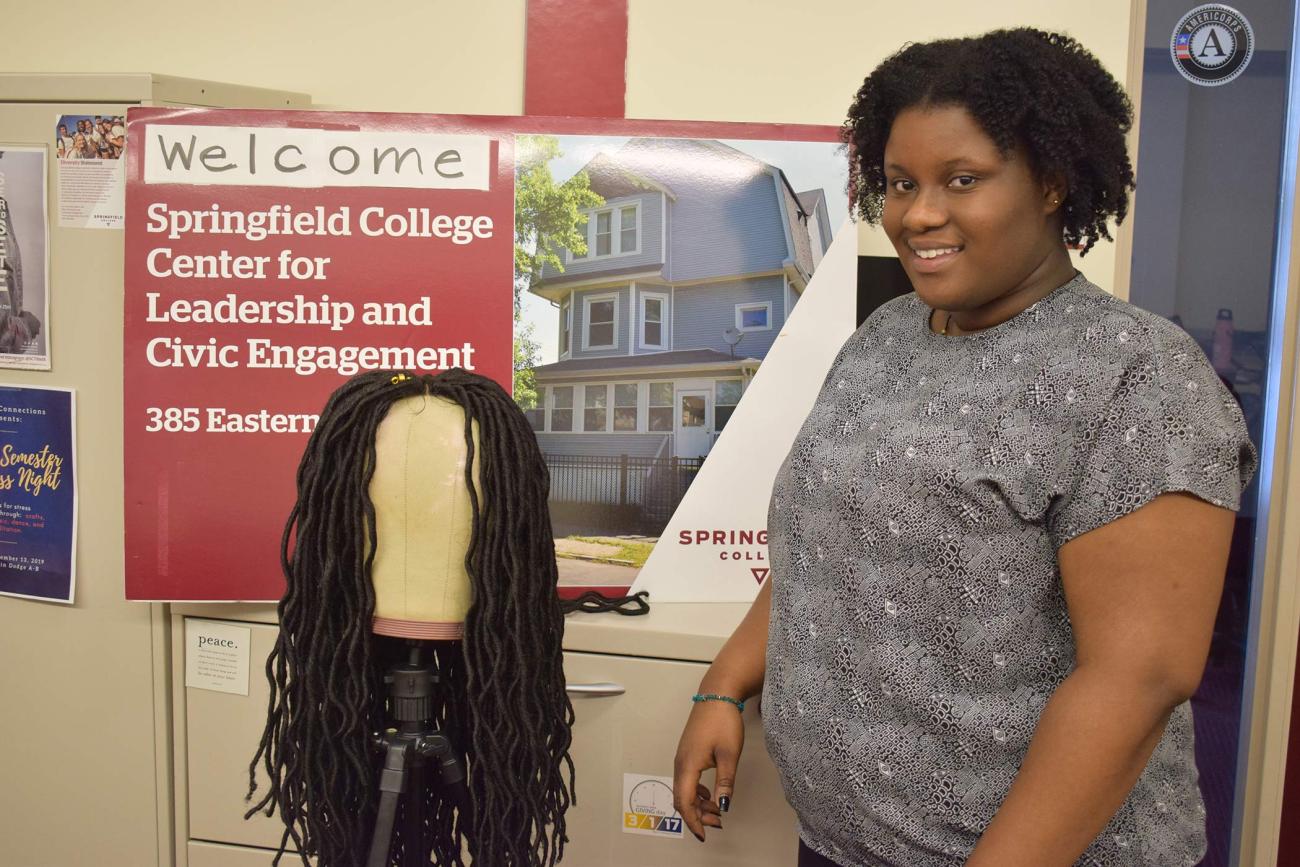 Springfield College Health Care Management major Charlene Adutwum is living our Humanics philosophy by helping make wigs for women of color that will be donated to the Cancer House of Hope in West Springfield. 