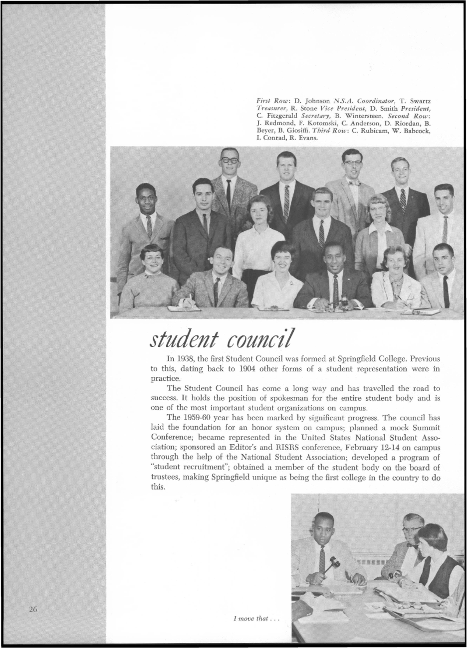 On a campus where almost all students and faculty were white, Dan Smith became President of the Student Council during the 1959–60 school year (courtesy Springfield College, Special Collections and Archives)
